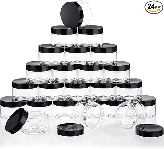 SATINIOR 24 Pieces Empty Clear Plastic Jars with Lids Round Storage Containers Wide-Mouth for Beauty Product Cosmetic Cream Lotion Liquid Butter Craft and Food (Black Lid, 1 oz)