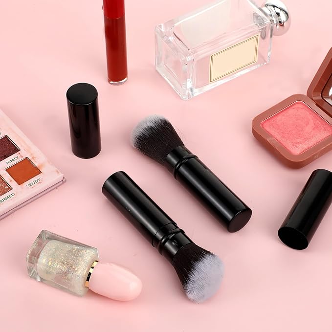 Retractable Makeup Brush, 2 Pcs Portable Kabuki Brush Travel Powder Foundation Brush with Cover Face Blush Brushes Makeup Tools for Blush, Bronzer, Buffing, Loose Powder, Liquid, Cream, Sunscreen