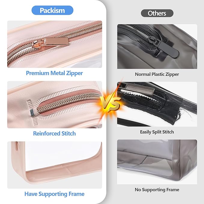 PACKISM TSA Approved Toiletry Bag - Clear Makeup Bag Waterproof Quart Size Bag, Travel Makeup Cosmetic Bag for Women, Carry on Airport Airline Compliant Bag, 3 Pack