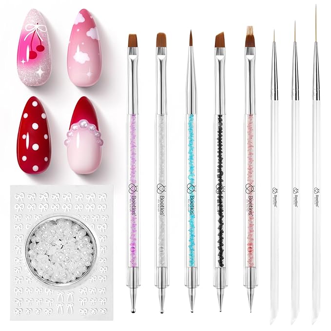 Beetles Nail Art Brushes 8pcs – Crystal Nail Art Tools 5pcs Double-headed Nails Dotting Tool, 3pcs Striping Liner Brushes for Nails with Pearls Bowknot Stickers, DIY Home Salon Manicure Design Tools