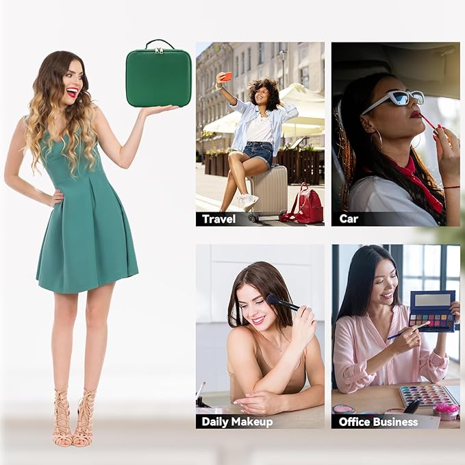 Travel Makeup Bag with LED Mirror and 10x magnifying glass with 3 Lighted Settings, Adjustable Dividers and Makeup Brush Storage Bag Dark Green