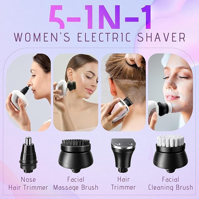 Electric Razors for Women Legs: 5-in-1 Rechargeable Body Shaver - Waterproof Wet Dry Hair Remover - Trimmer for Lady Face Underarms Public
