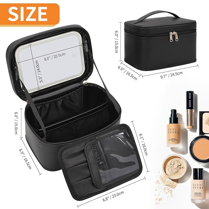 OCHEAL Makeup Bag With LED Mirror, Travel Makeup Bag With 3 Color Setting Light Up Mirror Cosmetic Makeup Organizer Vanity Case for Women Beauty Tools Accessories Rechargeable Makeup Travel Bag-Black