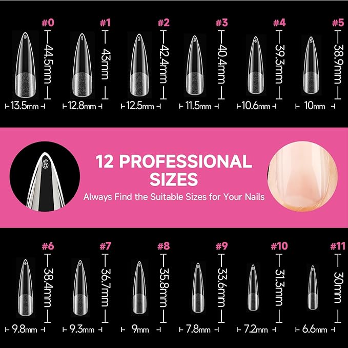 UNA GELLA Halloween XXL Stiletto Nail Tips, 312pcs Pre-Shape Extra Long Stiletto Nails Tips Pre Etched Full Cover No Need File Clear Fake Nails for Party DIY Art Salon 12 Sizes