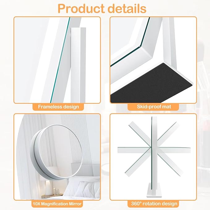 Lighted Makeup Mirror, Hollywood Vanity Mirror with Lights, Three Color Lighting Modes, and Detachable 10X Magnification Mirror, Smart Touch Control, 360°Rotation (15.2in White)