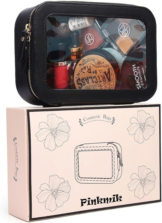Pinkmik Clear Makeup Bag Transparent Travel Case for Cosmetics and Toiletries Women's Clear Car Bag with Zipper (Black, Small)