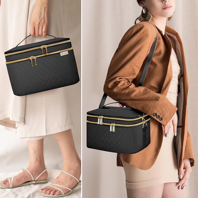 Double Layer Travel Makeup Bag Women, Cosmetic Organizer Case, Travel Essentials Accessories with Shoulder Strap for Bottles, Brushes, Conditioner, Skin Care Products, Black