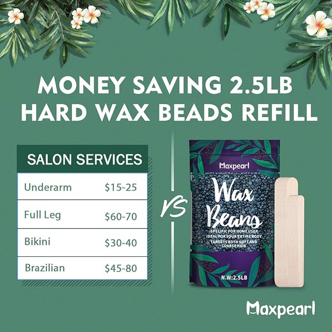 Maxpearl Wax Beads for Hair Removal, 2.5lb Hard Wax Beans Refill Bag for Brazilian Bikini, Face, Eyebrows, Underarms, Arms, Chest, Back, Legs, Coarse Body Hair Specific