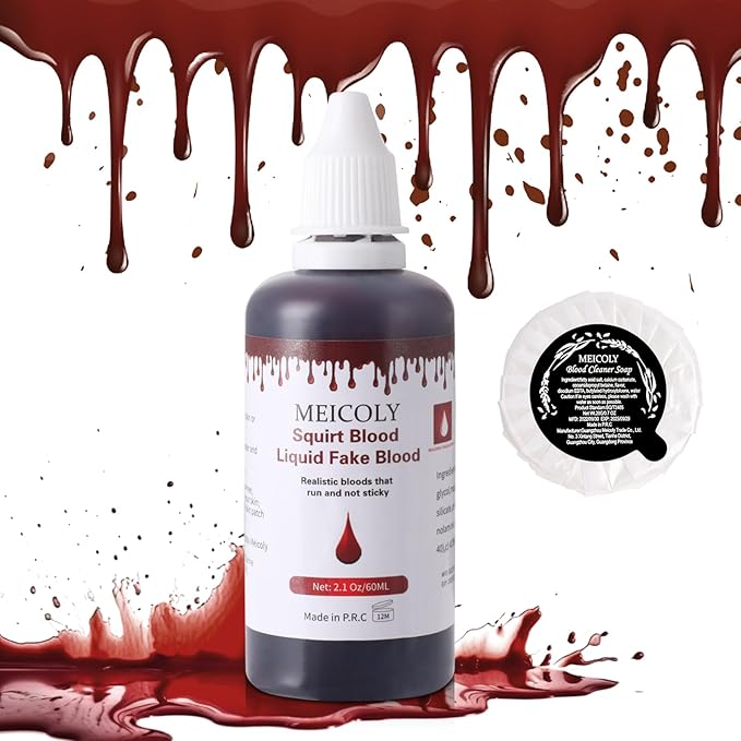 MEICOLY 2.1Oz Halloween Dripping Fake Blood,Safe Realistic Washable Edible Liquid Blood Sangre Falsa with 0.7 Oz Cleaning Soap,Squirt Blood for Clothes,Zombie Vampire Monster,SFX Cut Wound Makeup,Dark