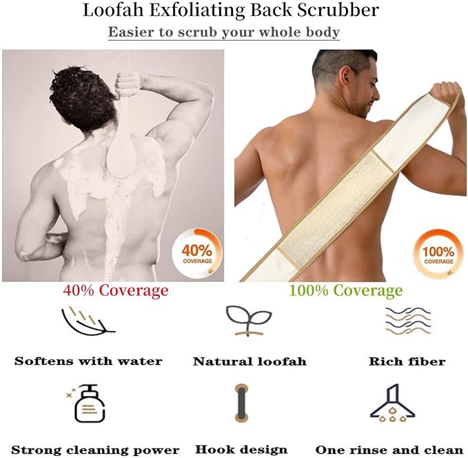 Exfoliating Natural Loofah Sponge Back Scrubber for Shower, Exfoliating Sponge for Shower, Bath Shower Scrubber for Men and Women, Luffa Scrubber to Clean Your Back Deeply Relax Your Body (2 Pack)