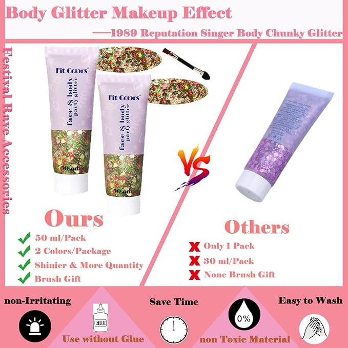 Body Glitter Face Glitter Gel: Singer Concerts Disco Festival Rave Accessories Face Glitter Makeup 150ml Chunky Sequins Mermaid Face Body Hair Glitter Gel (2 Mixed Colors)