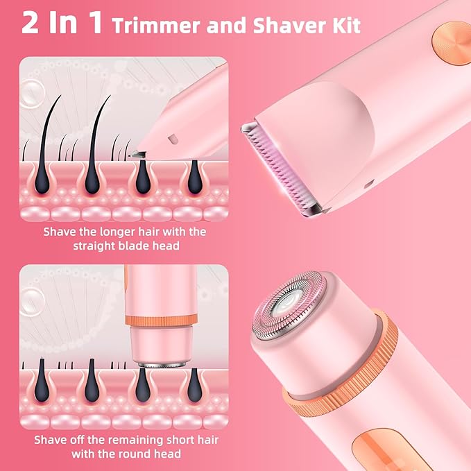 Bikini Trimmer for Women 2 in 1 Electric Shaver Razors IPX7 Waterproof Pubic Hair for Underarm Leg Arm Body (Pink)