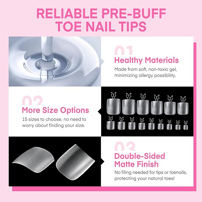 UNA GELLA Square Toe Nail Tips For Big Toe, 504Pcs 15Sizes Soft Gel Full Cover Toe Nail Tip Pre-buff Fake Acrylic Toe Nail Press Ons Soak Off Pedicure For Nail Extensions Home DIY Nail Salon