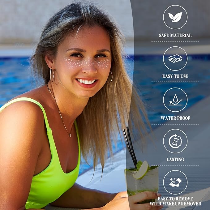 Glitter Freckles Face Tattoo 6 Sheets Face Makeup Patches Gold & Silver Star Fake Freckles Cute Temporary Makeup Accessories for Women Girls Party - Set2