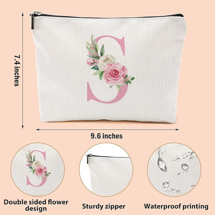 Pink Monogram Makeup Bag, Initial S, Cosmetic Bag Personalized Travel Organizer Bags Makeup Pouch, Monogrammed Gifts for Women Girls Friend Sisters Employee Bridesmaid Wedding Bridal Shower Gifts