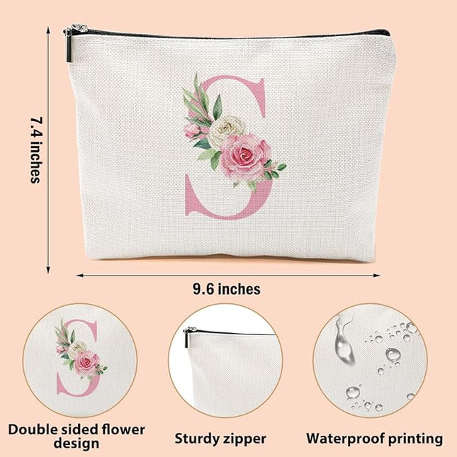 Pink Monogram Makeup Bag, Initial S, Cosmetic Bag Personalized Travel Organizer Bags Makeup Pouch, Monogrammed Gifts for Women Girls Friend Sisters Employee Bridesmaid Wedding Bridal Shower Gifts