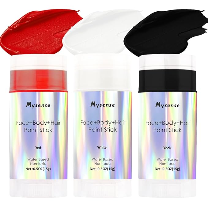Mysense Clown Makeup Kit,Black White Red Face Body Hair Paint Stick,Water Based Temporary Hair Color,Non-toxic Cream Facepaint for Adults and Children Halloween SFX Zombie Vampire Skeleton Cosplay