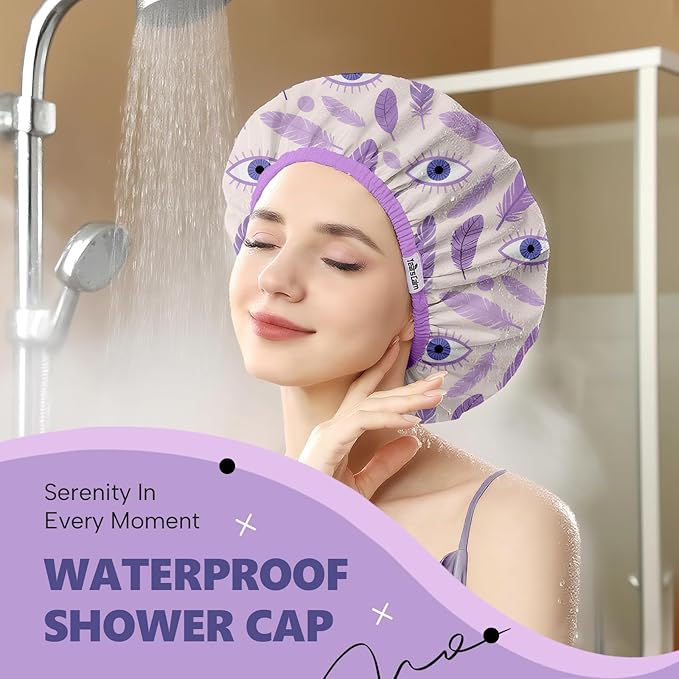 Years Calm Evil Eye Shower Caps for Women Reusable Waterproof, Pattern and Solid Color Dual-Layer Design, Hair Cap for Shower with Elastic Band, Fits Braids, Dreadlocks & Long Hair (Purple)