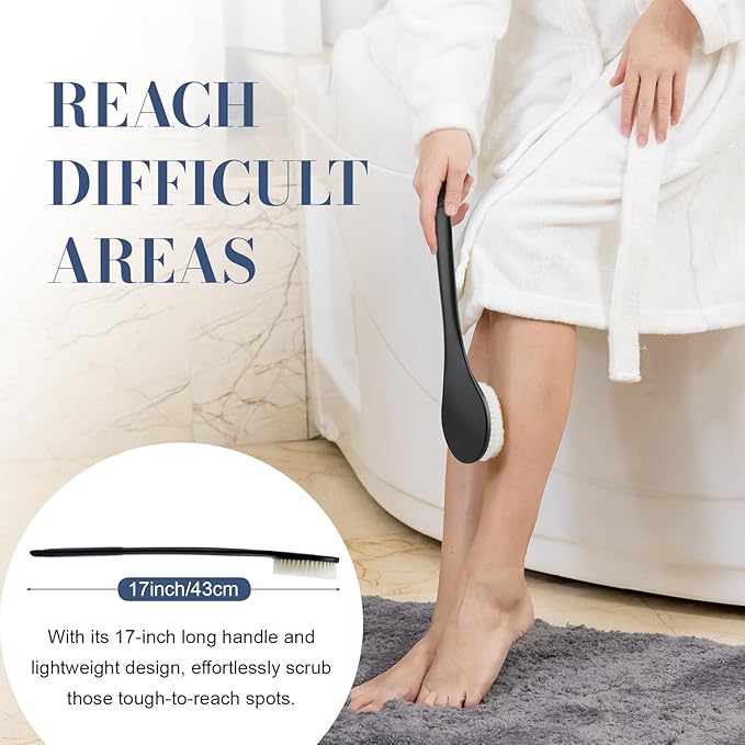 Back Scrubber for Shower, Shower Body Brush for Cleaning with Long Handle for Showering, 17 Inch Back Washer Exfoliator for Shower Men Women with Non-Slip Handle, Adhesive Hook (Black)