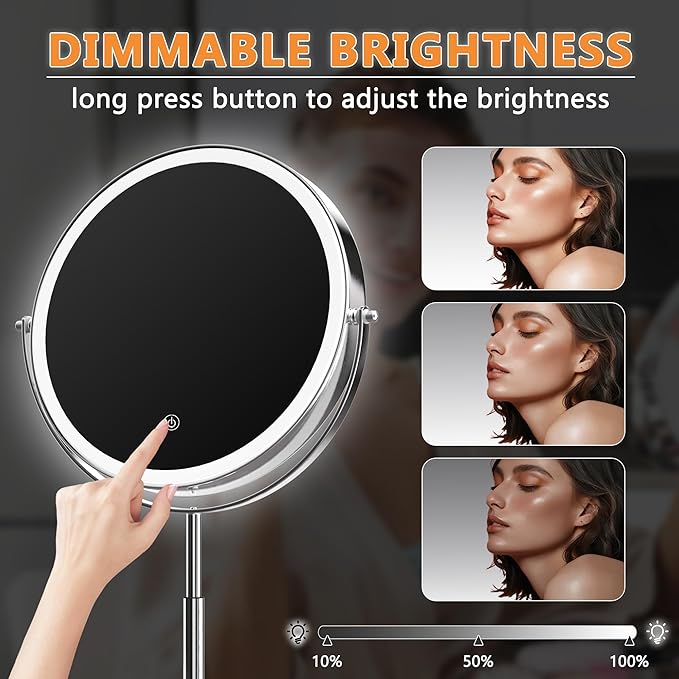 Hasipu 10" Lighted Makeup Mirror with 7X Magnification, Rechargeable Vanity Mirror with Lights, 3 Color Modes, Adjustable Height & 360° Rotation