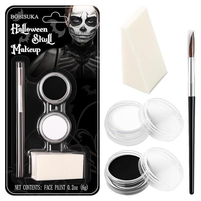 Black and White Face Paint Skeleton Makeup Kit Halloween Character Set for Kids Adults, Safe Non-Toxic Skull/Ghoul Face Painting Kit for Stage, Costume Parties, Dress Up Cosplay & Special FX Make-Up