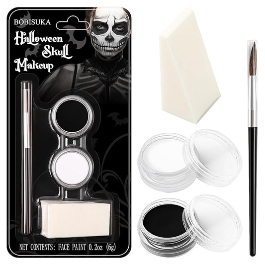 Black and White Face Paint Skeleton Makeup Kit Halloween Character Set for Kids Adults, Safe Non-Toxic Skull/Ghoul Face Painting Kit for Stage, Costume Parties, Dress Up Cosplay & Special FX Make-Up