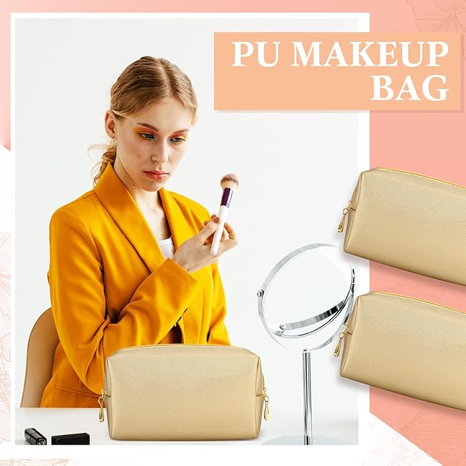 Kigeli 15 Pcs Aesthetic Makeup Bags PU Leather Cosmetic Pouches Waterproof Plain Toiletry Bags Makeup Pouches Bulk for Women Party Gift Travel Storage Organizer(Champaign Gold)