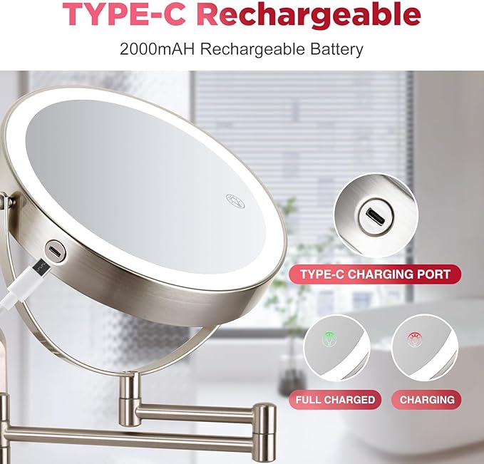 Wall Mounted Makeup Mirror, 1x/20x Magnifying Mirror with 8.5" Double Sided, Vanity Makeup Mirror for Bathroom, Brushed Nickel