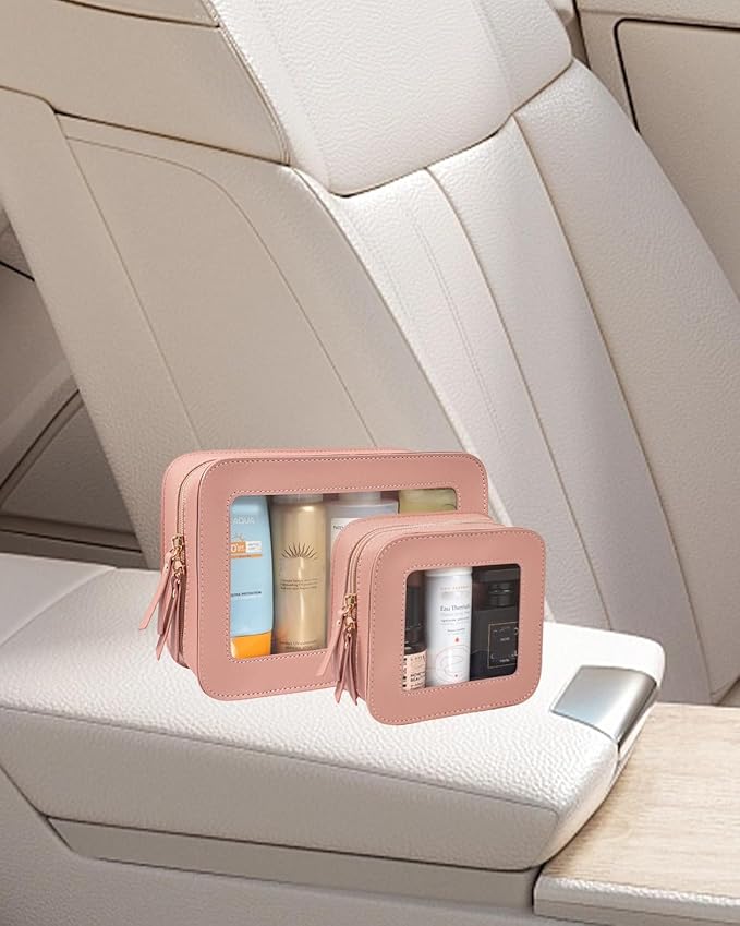 2 Pcs Travel Clear Makeup Bag Set, Clear White Makeup Organizer with Zipper Leather Travel Bags for Toiletries Small Cosmetic Bags for Women Mini Make up Pouch Toiletry Bags Car Essentials