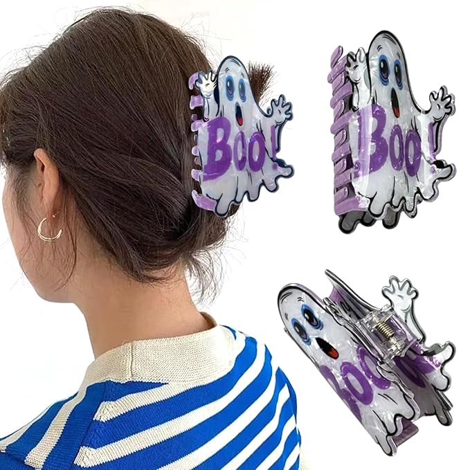 1Pcs Halloween Hair Claw Clips for Women, VGNRAR White Cute Ghost Hair Clips for Thick and Thin Hair, Medium Acrylic Strong Hold Non-Slip Claw Clips Goth Hair Accessories for Halloween Party Gift