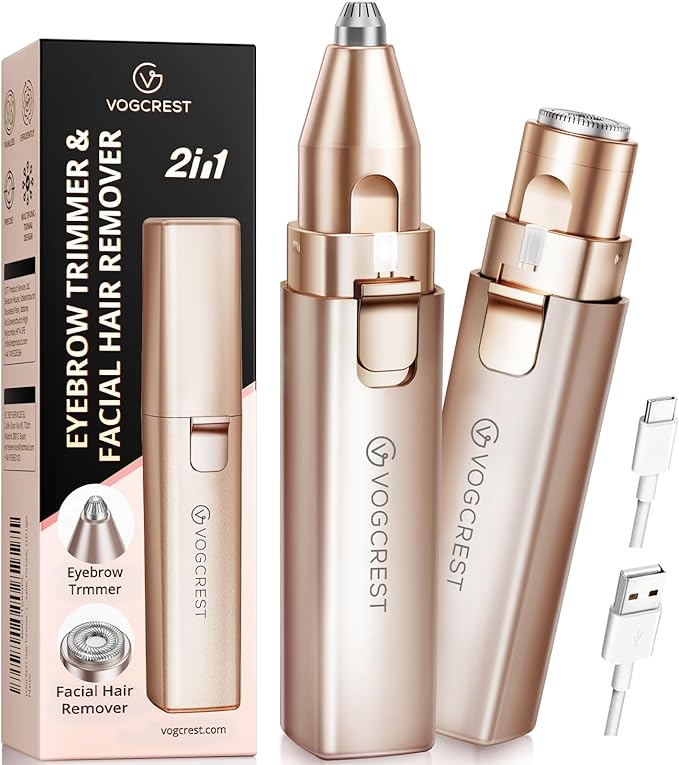 Rechargeable Facial Hair Remover for Women: 2 in 1 Electric Eyebrow and Facial Hair Remover - Suitable for Middle-aged Women’s Eyebrow, Chin, and Cheek Trimming - with Built-in LED Light (Gold)