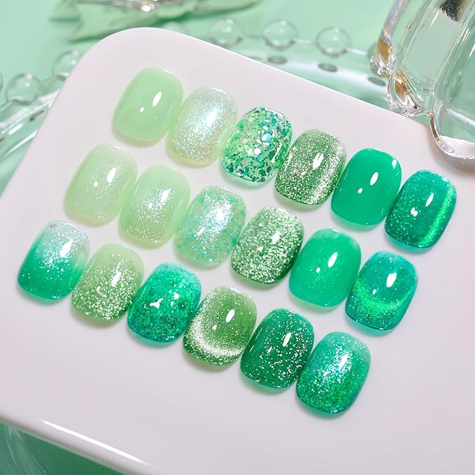 Born Pretty Christmas Green Gel Nail Polish,Jelly Transparent Gel Nail Polish, Cat Magnetic Eye,Shimmer Glitter Holographic Green Gel Polish Kit for Salon Manicure and Nail Art DIY at Home 6PCS 7ml