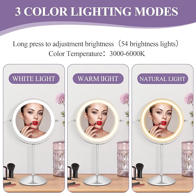 8" Makeup Mirror with Lights, 1X/10X Lighted Vanity Mirror with Magnification, 3 Color Adjustable Brightness, 360° Rotating Dual-Side, USB Rechargeable Cordless Design for Vanity & Tabletop