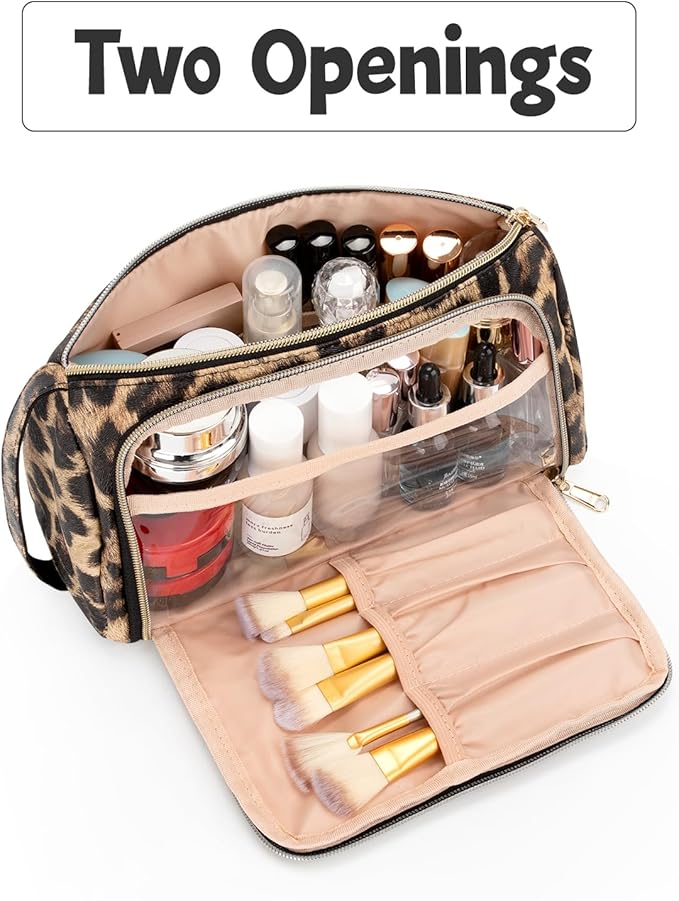 Travel Makeup Bag, Leopard Print Cosmetic Bag, Portable Make Up Organizer Bag with Side Handle, Roomy Makeup Pouch for Purse