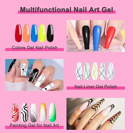 GOICC Nail Art Polish Set Gel Liner Kit For Nail Design Polish Paint For Nail 12 Colors Black White Gel Nail Polish Soak off Curing Requires 8ml with Thin Nail Art Brush