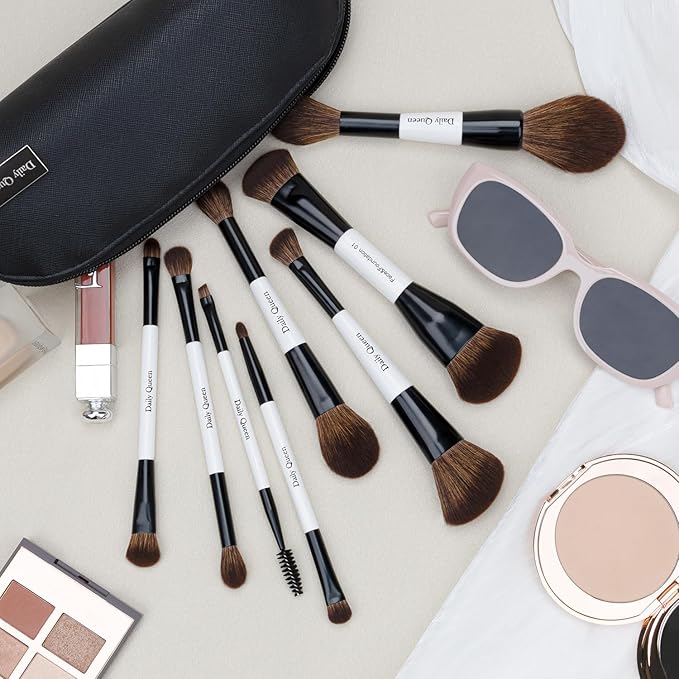 Portable Makeup Brush Set 8pcs Dual Kabuki Powder Concealers Eye shadows Blush Eyeliner Eyebrow Contour Eye blending Brushes (8 IN 16 brush set with waterproof bag)