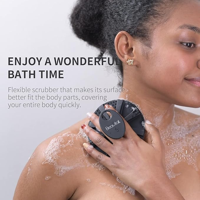 Silicone Body Scrubber & Scrub Nets, BEAUTAIL 4 Pack – Rich Foam and Exfoliation with Gentle Brush or Firmer Net Options – Hygienic, Durable, Easy to Clean – 2 Brushes (Black+Blue), 2 Nets (Gray+Blue)