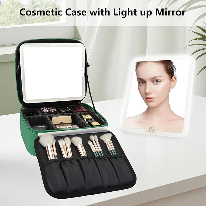 Travel Makeup Bag with LED Mirror Travel Makeup Organizer with 3 Lighted Settings, Adjustable Dividers and Makeup Brush Storage Bag Dark Green