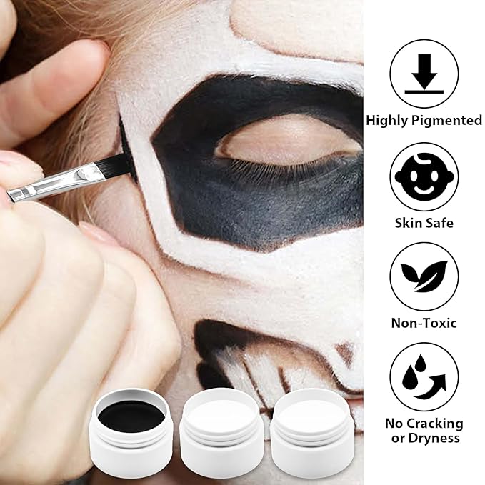 3-Piece Black White Face Paint Set (2 White, 1 Black) - 1.76 oz Each, Includes Sponge and Brushes, Professional SFX Makeup Kit for Halloween, Skeleton, Ghost, Skull Cosplay, Full Coverage Body Paints