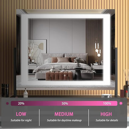 Hasipu Vanity Mirror with Lights, 24.2" x 19.7" LED Makeup Mirror, Light up Mirror with 10X Magnification, Smart Touch 3 Colors Dimmable, 360° Rotation (Right Angle Black)