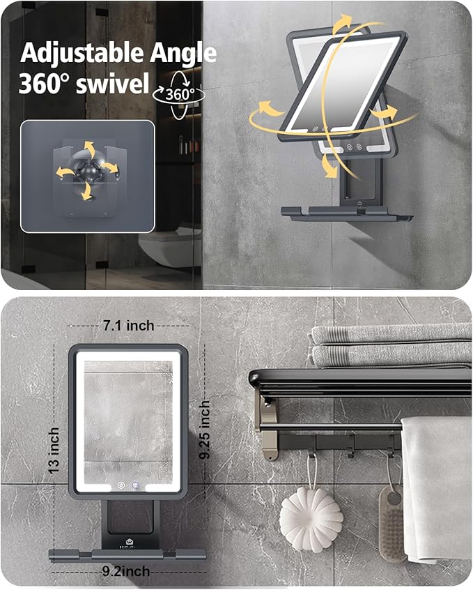 Lighted Shower Mirror Fogless for Shaving, Heated Fogless Shower Mirror with 3 Colors Stepless Dimmable Lights, Rechargeable Adjustable Shaving Mirror with Razor Stand, Brush Holder for Men