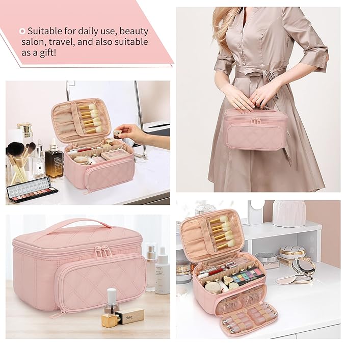 OCHEAL Makeup Bag, Multifunctional Make Up Bags Large Compact Makeup Bag Organizer Cosmetics Toiletry Brushes Storage Case for Women Girls Makeup Case with Handle Divider-Pink Large