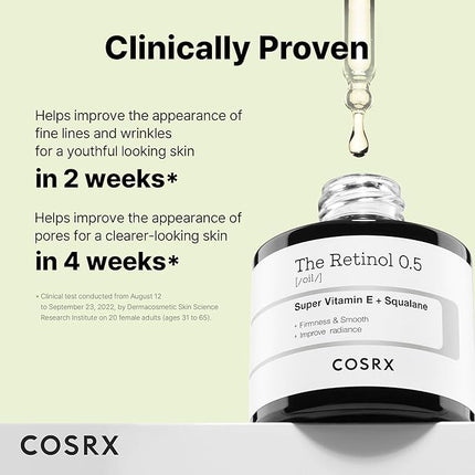 COSRX Retinol 0.5 Oil, Anti-aging Serum with 0.5% Retinoid Treatment for Face, Reduce Wrinkles, Fine Lines, Gentle Skincare for Day & Night, Not Tested on Animals, Korean Skin Care