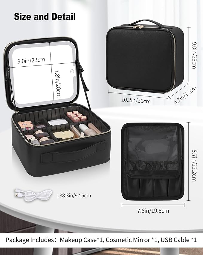 Makeup Bag With LED Mirror, Travel Makeup Case with Light up Mirror Large Cosmetic Case with 3 Color Lighted Portable Organizer Bag with Adjustable Dividers（Black）