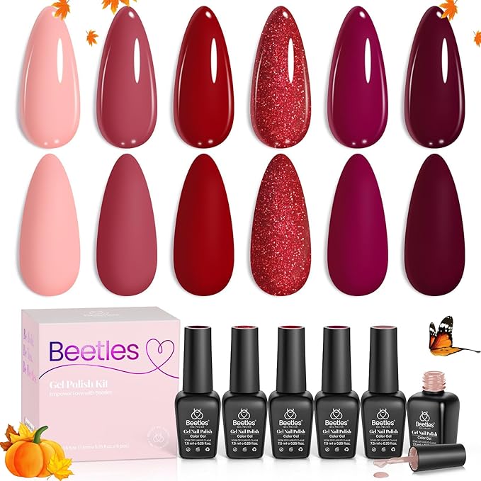 Beetles Red Gel Nail Polish, 6 Colors Burgundy Nude Red Glitter Gel Polish Marvelous Lady Collection Nail Art Design Fall Winter Soak Off Uv LED Nail Polish Manicure DIY Home Salon