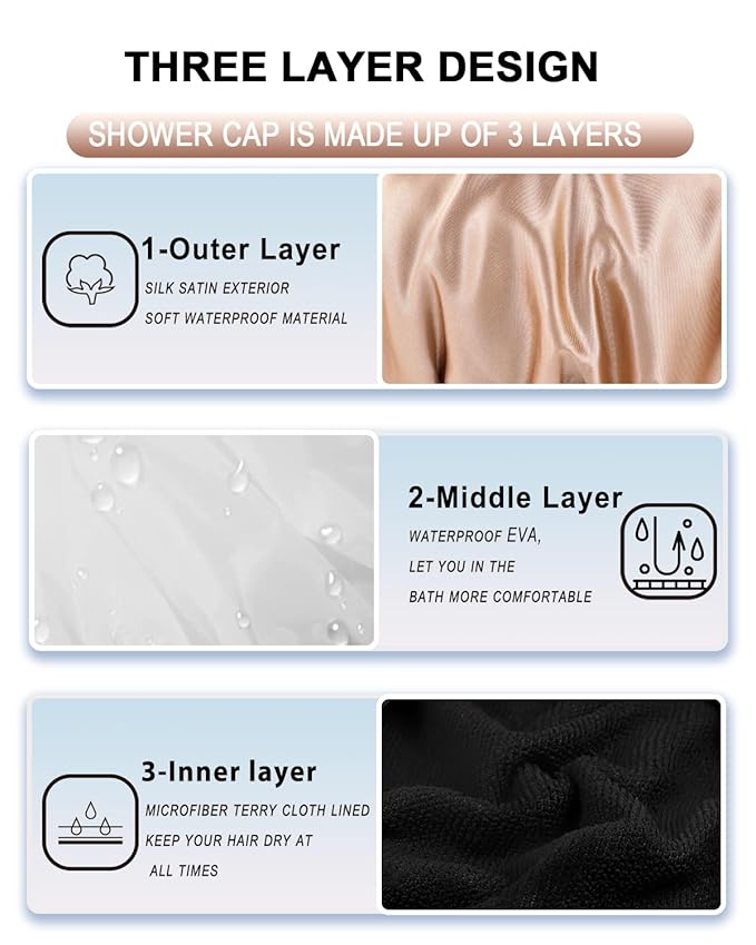 YIZIJIZI Triple Layer Reusable Waterproof Shower Cap for Women Large Terry Lined Hair Cap for Long Thick Hair Travel Bath Care khaki