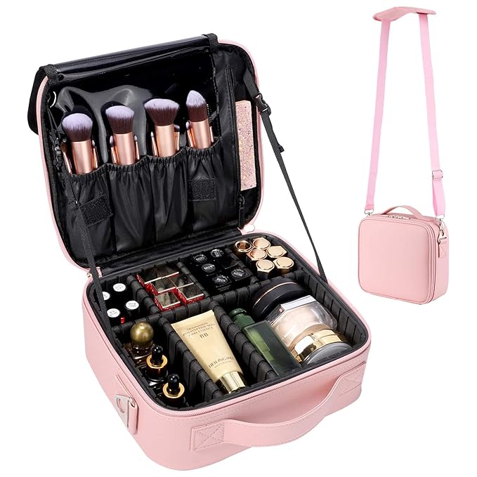 gzcz Makeup Bag Organizer 10.2'' Travel Makeup Train Case Cosmetic Brush Organizer Portable Artist Storage bag with Adjustable Dividers and shoulder strap for Make up Accessories (Cute Pink)