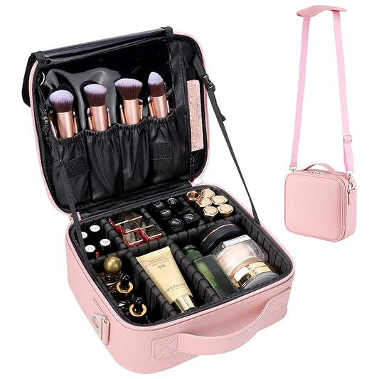 gzcz Makeup Bag Organizer 10.2'' Travel Makeup Train Case Cosmetic Brush Organizer Portable Artist Storage bag with Adjustable Dividers and shoulder strap for Make up Accessories (Cute Pink)