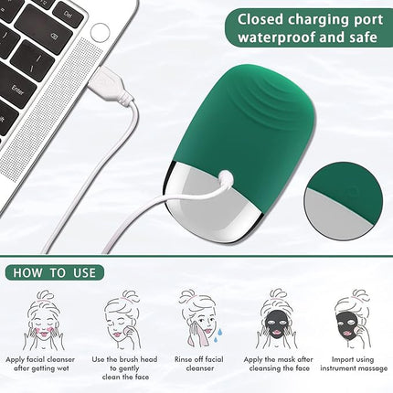 Facial Cleansing Brush, 3-in-1 Electric Silicone Face Scrubber, Vibrating Massager, IPX7 Waterproof, USB Rechargeble Pore Brush for Deep Cleanning, Blackhead Remover, Exfoliating (Green)