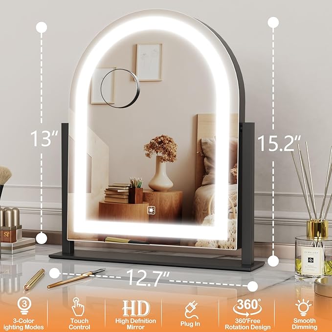 Lighted Makeup Mirror, Hollywood Vanity Mirror with Lights, Three Color Lighting Modes, and Detachable 10X Magnification Mirror, Smart Touch Control, 360°Rotation (15.2in. Black)